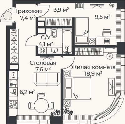 Планировка: 3-к, 57,6 м²