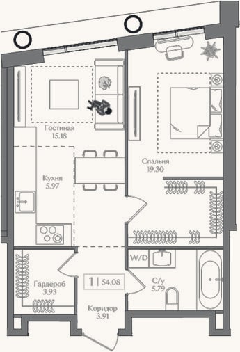 Планировка: 2-к, 54,1 м²