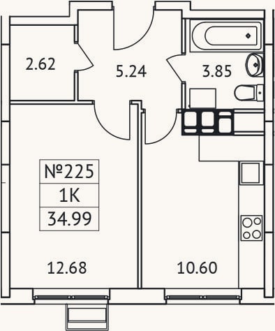 Планировка: 1-к, 35 м²