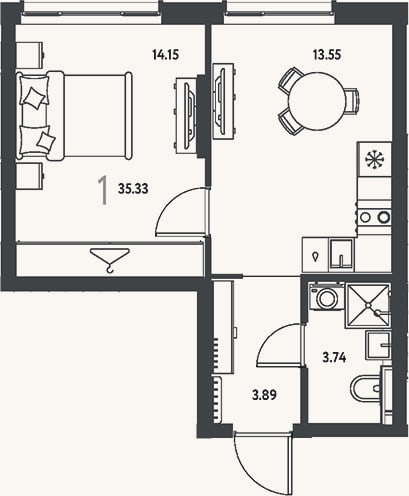 Планировка: 1-к, 35,3 м²