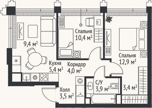 Планировка: 3-к, 52,9 м²