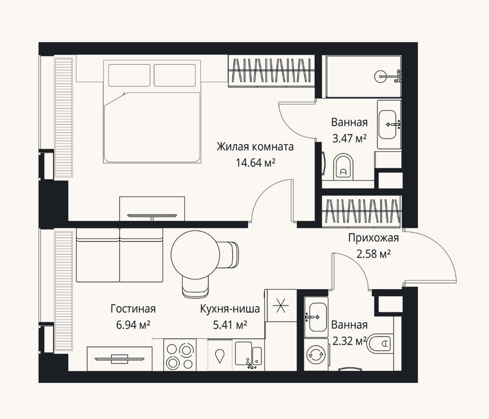 Планировка: 2-к, 35,4 м²