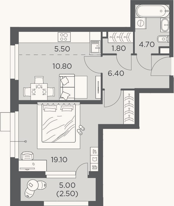 Планировка: 2-к, 45,9 м²
