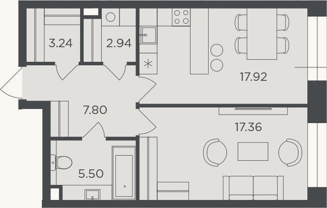Планировка: 1-к, 54,8 м²