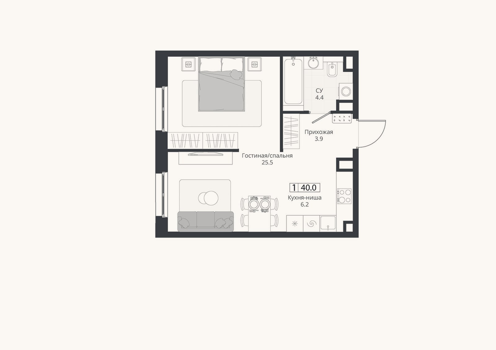 Планировка: Студия, 40 м²