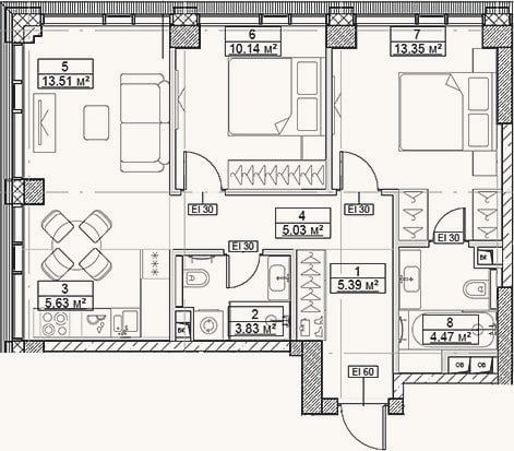 Планировка: 3-к, 61,4 м²