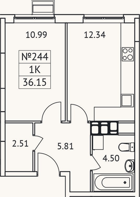 Планировка: 1-к, 36,2 м²