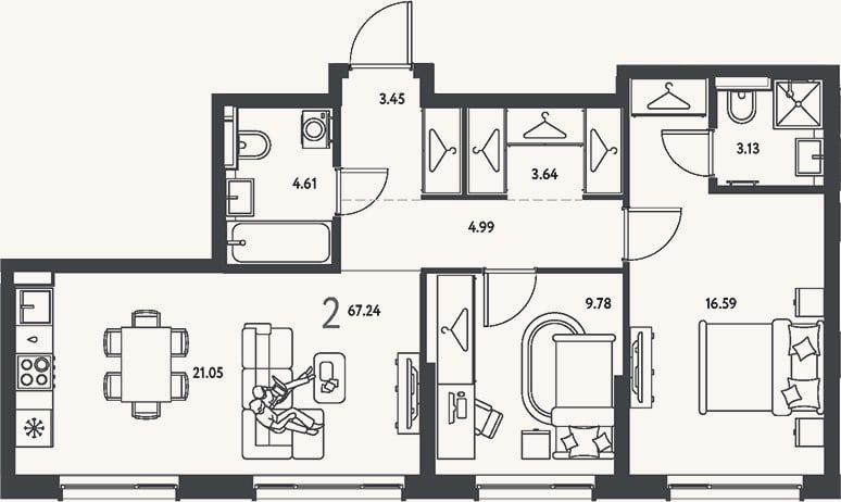 Планировка: 2-к, 67,2 м²
