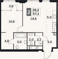 Планировка: 2-к, 53,2 м²