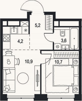 Планировка: 2-к, 34,6 м²