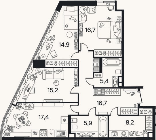 Планировка: 3-к, 100 м²