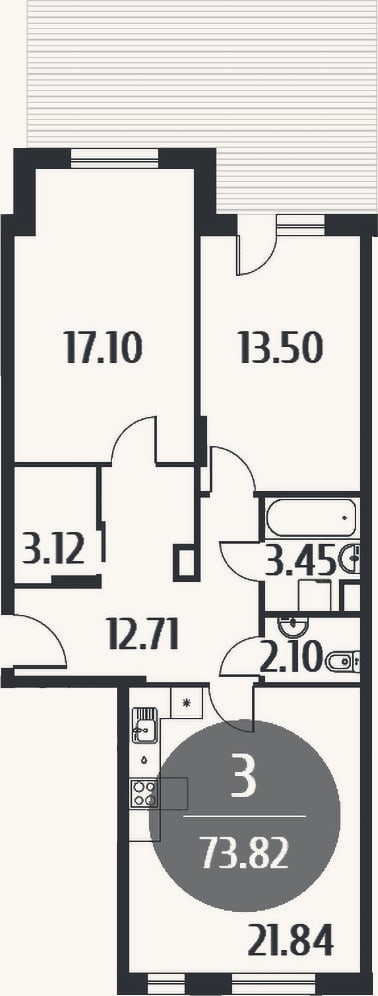 Планировка: 3-к, 73,8 м²