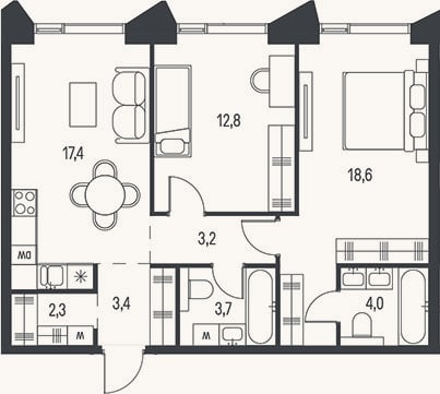 Планировка: 3-к, 65,4 м²