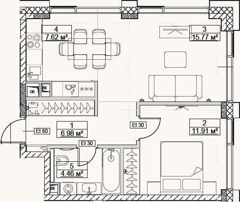 Планировка: 2-к, 46,7 м²