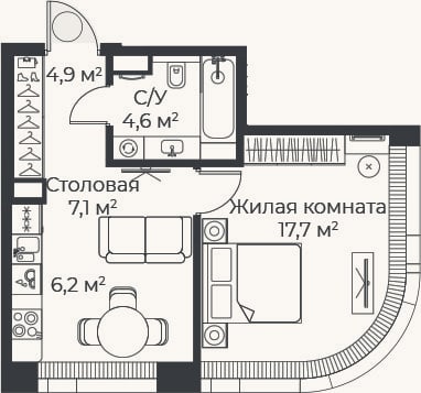 Планировка: 2-к, 40,5 м²