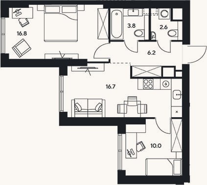 Планировка: 3-к, 56,1 м²