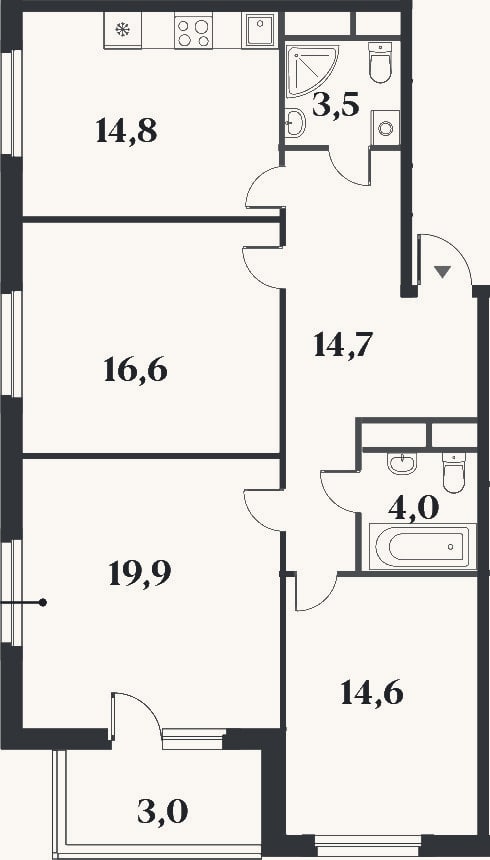 Планировка: 3-к, 88,1 м²