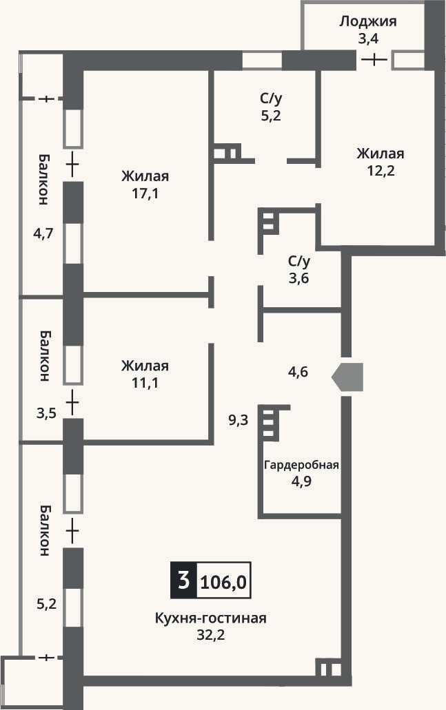 Планировка: 4+ к, 100 м²