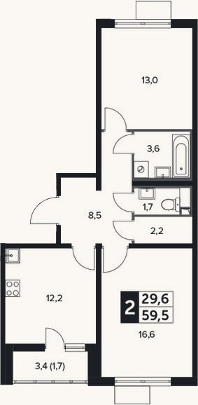 Планировка: 2-к, 57,8 м²