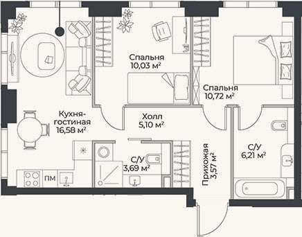 Планировка: 3-к, 55,9 м²