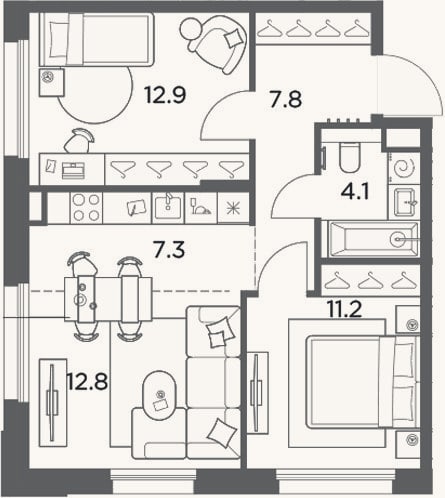 Планировка: 3-к, 56,1 м²