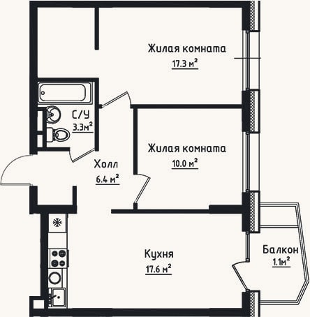 Планировка: 2-к, 54,6 м²