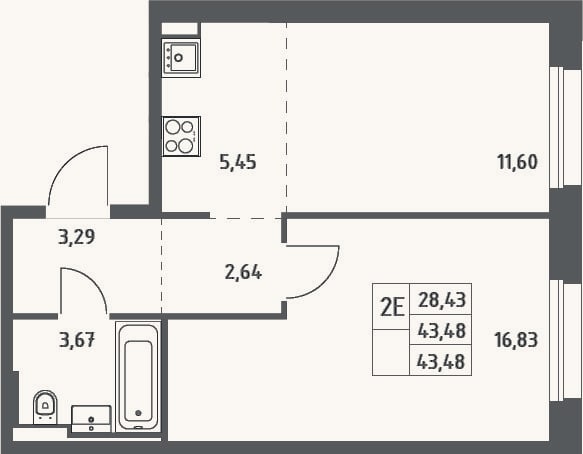 Планировка: 2-к, 43,5 м²