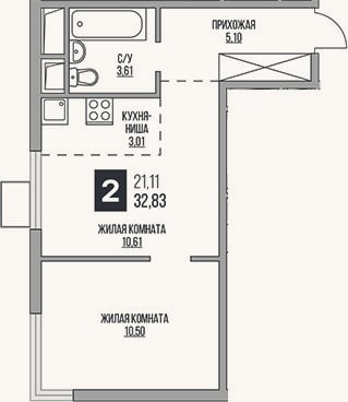 Планировка: 2-к, 32,8 м²