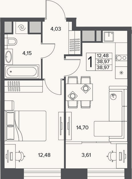 Планировка: 1-к, 39 м²