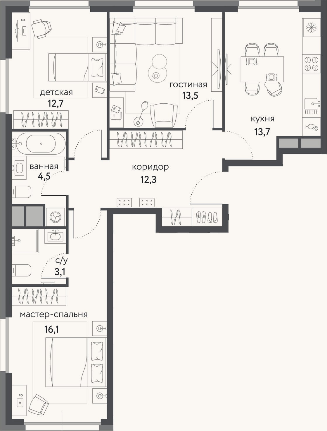 Планировка: 3-к, 75,9 м²