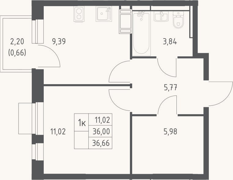 Планировка: 1-к, 36 м²