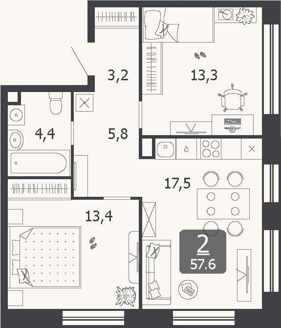 Планировка: 3-к, 57,6 м²