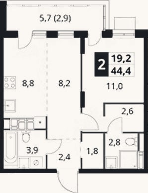 Планировка: 2-к, 41,5 м²