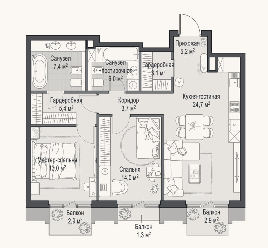 Планировка: 3-к, 84 м²