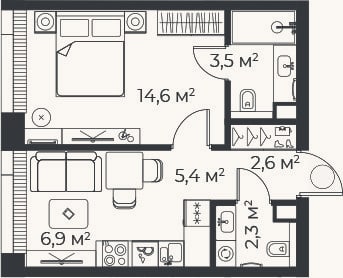 Планировка: 2-к, 35,4 м²