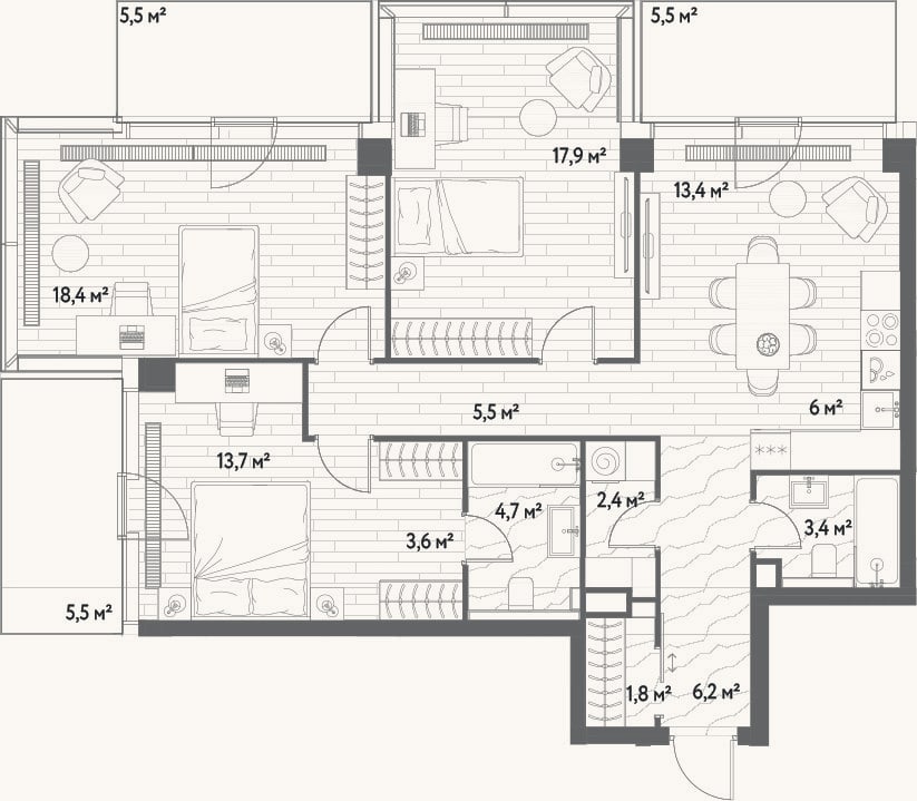 Планировка: 4+ к, 97 м²