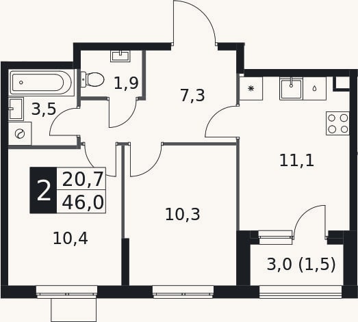 Планировка: 2-к, 44,5 м²