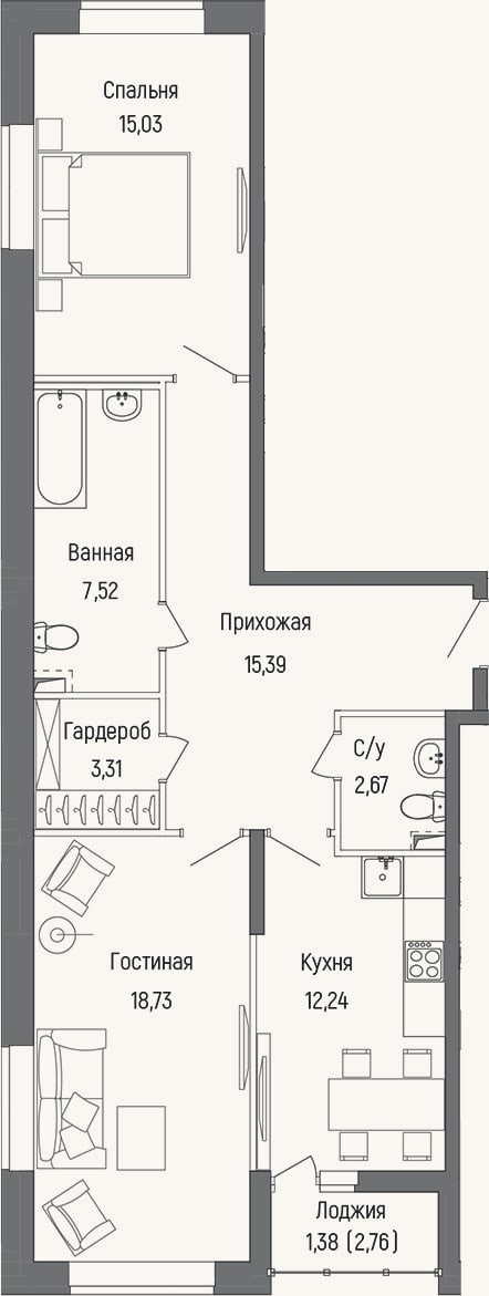 Планировка: 2-к, 73,4 м²