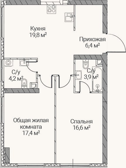 Планировка: 2-к, 68,3 м²