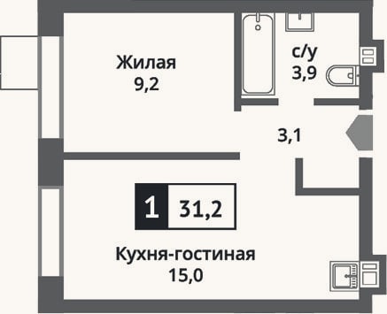 Планировка: 2-к, 31,2 м²