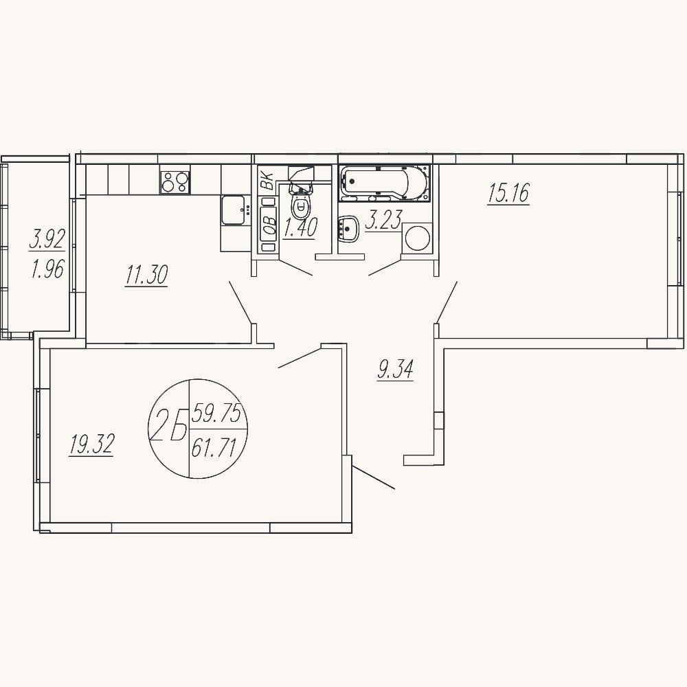 Планировка: 2-к, 59,8 м²