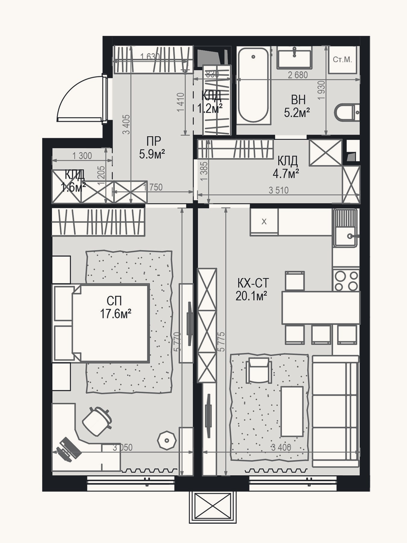 Планировка: 2-к, 56,3 м²