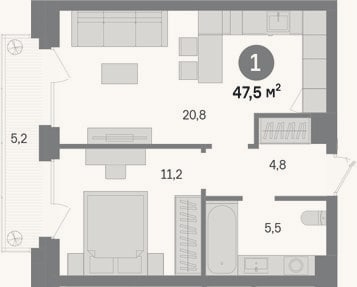 Планировка: 1-к, 42,3 м²