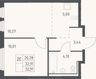 Планировка: 2-к, 32,9 м²