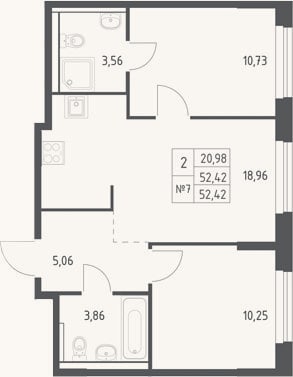 Планировка: 3-к, 52,4 м²