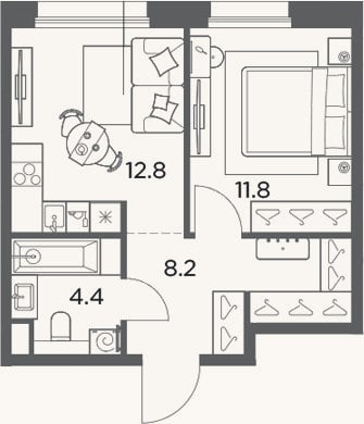 Планировка: 1-к, 37,2 м²