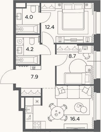 Планировка: 2-к, 53,6 м²