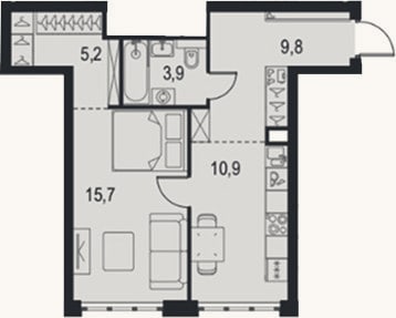 Планировка: 1-к, 45,5 м²