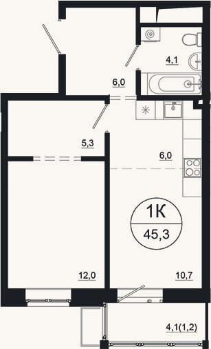 Планировка: 2-к, 44,1 м²