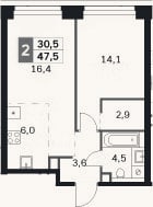 Планировка: 2-к, 47,5 м²